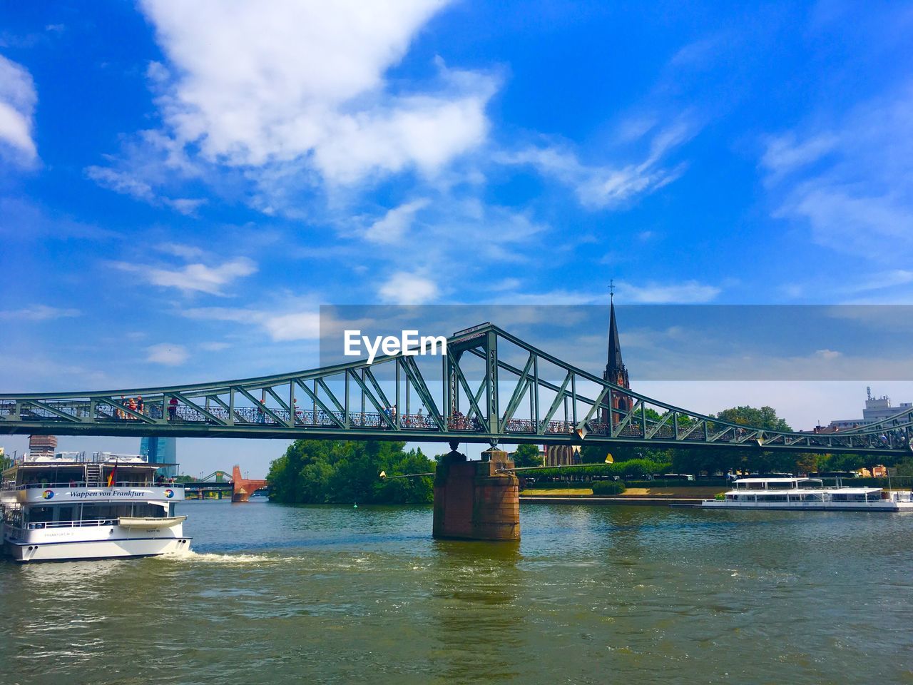 BRIDGE OVER RIVER IN CITY AGAINST SKY