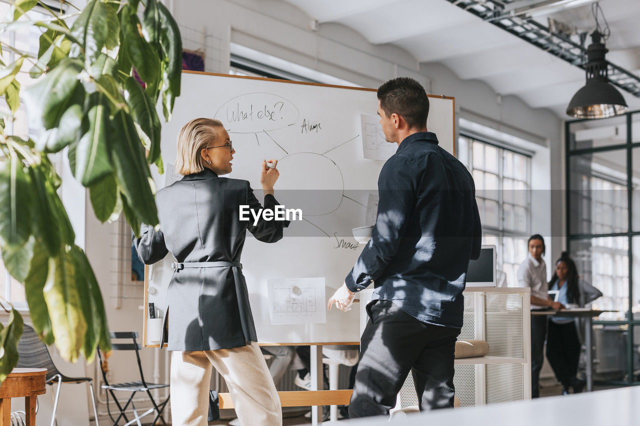 Male and female business people planning strategy over white board at office