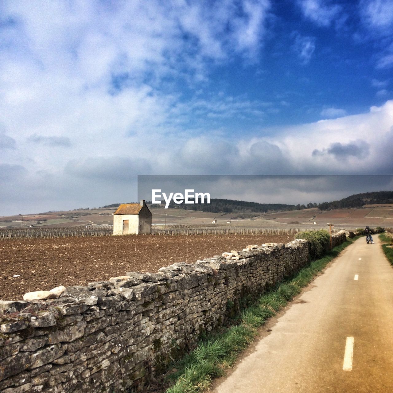 Road by agricultural land against cloudy sky