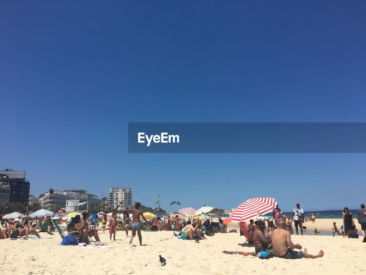 People enjoying at beach against clear sky