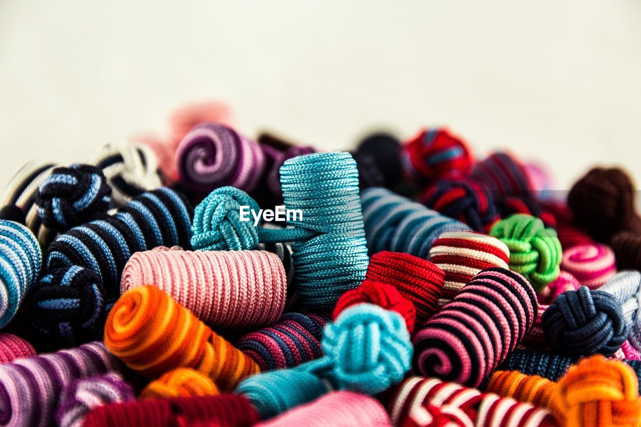 Close-up of colorful wool spools