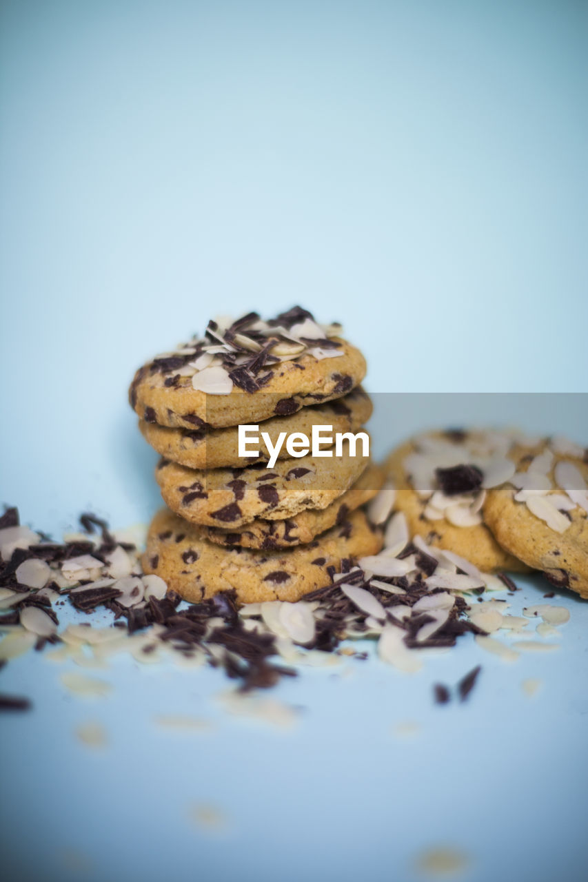 Close-up of cookies against blue background