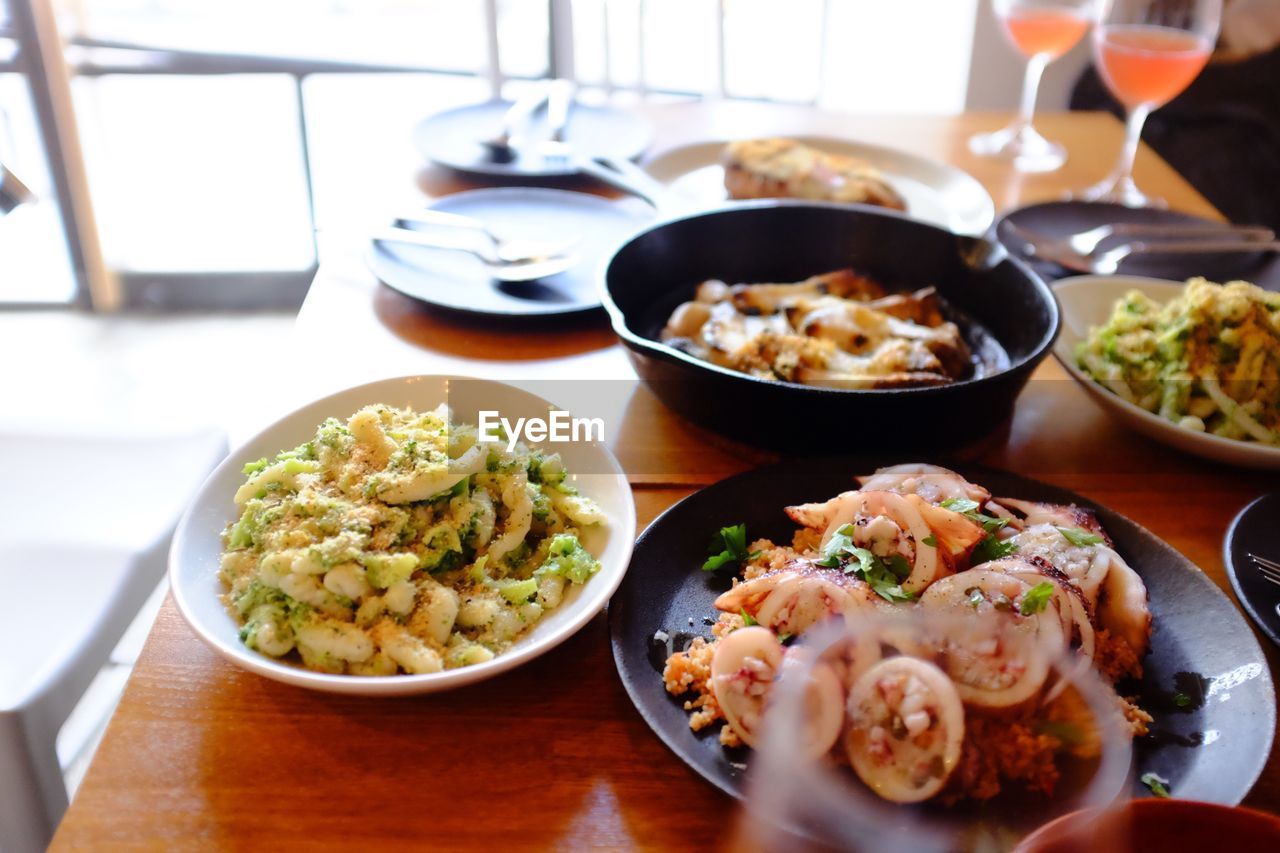 High angle view of meal served on table