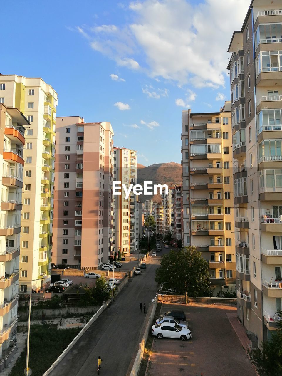 Cars on road by buildings in city against sky