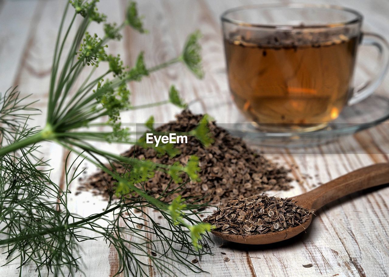 high angle view of coffee beans on table