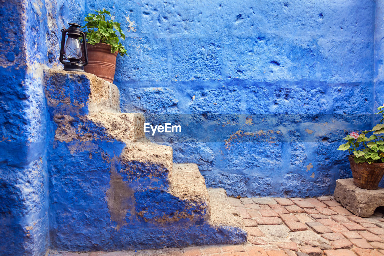 Lantern and potted plant on steps at santa catalina monastery