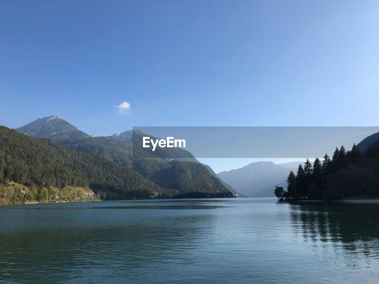 Scenic view of lake and mountains against sky