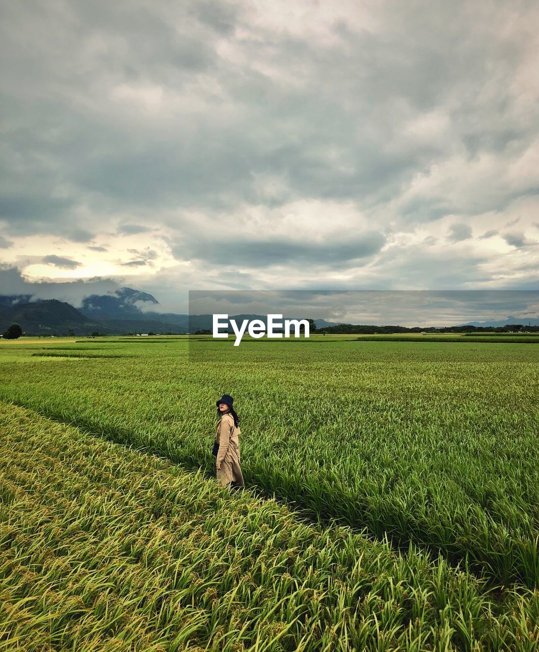 Woman standing on agricultural field during sunset