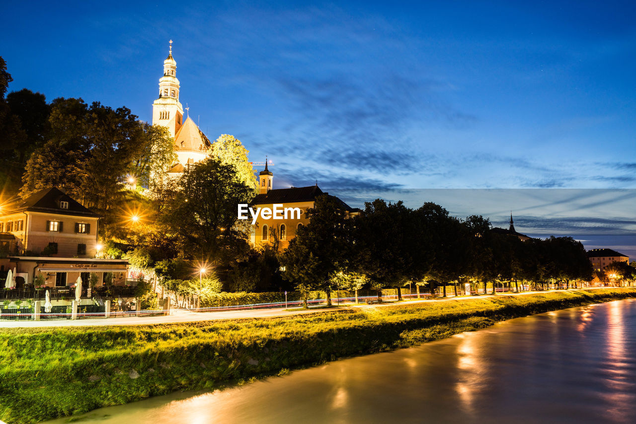 Low angle view of illuminated church at night