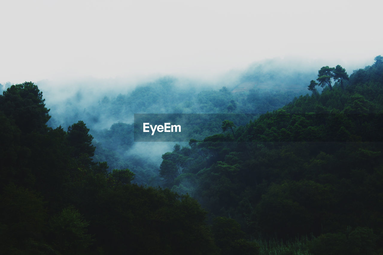 Scenic view of mountains in foggy weather