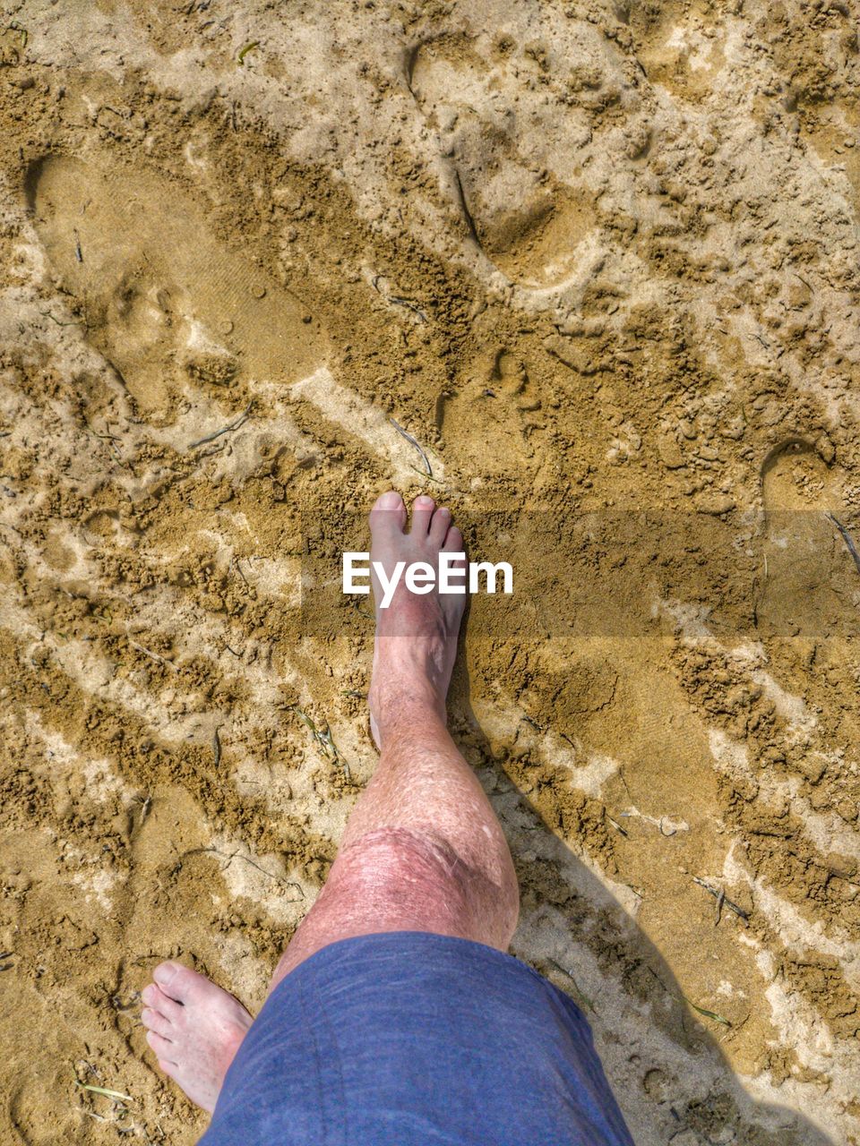 Low section of man standing on sand