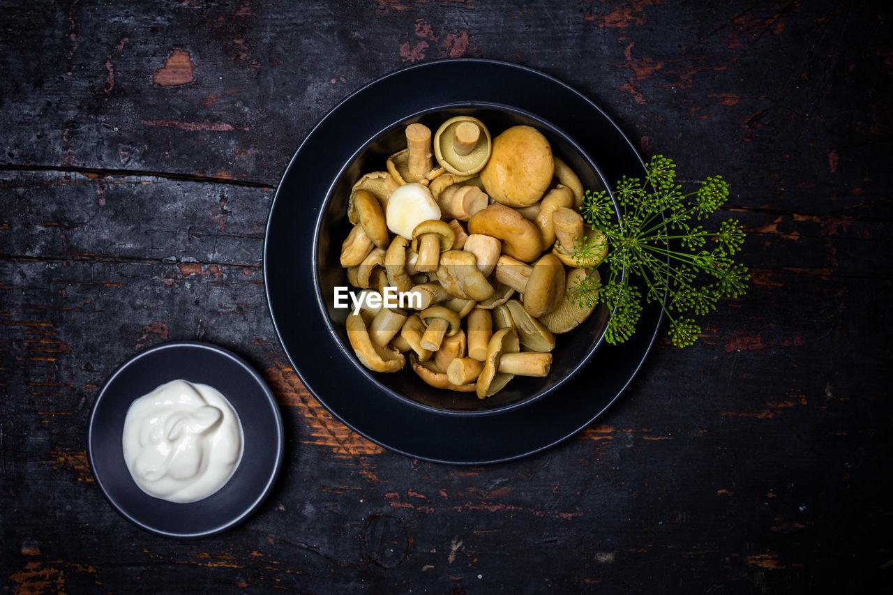 Salted milk mushrooms with green sprigs of dill in a black bowl and sour cream in a saucer 