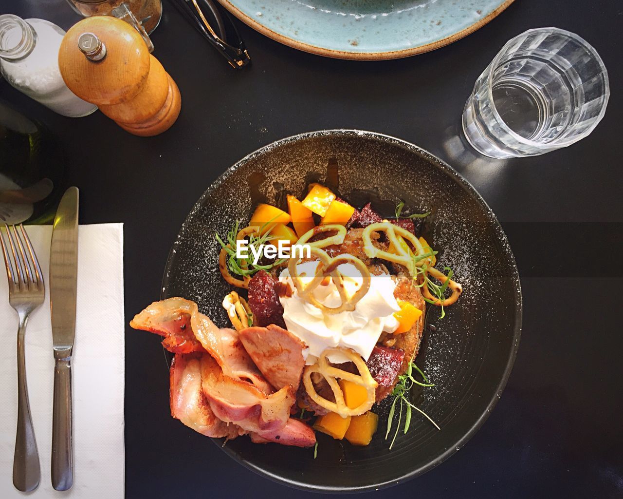 Directly above shot of food served on table