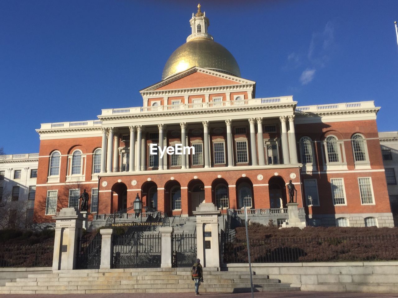 Low angle view of massachusetts state house against sky