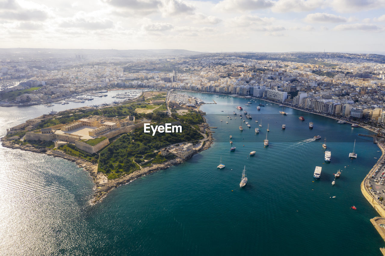 Malta, central region, sliema, aerial view of manoel island and surrounding city