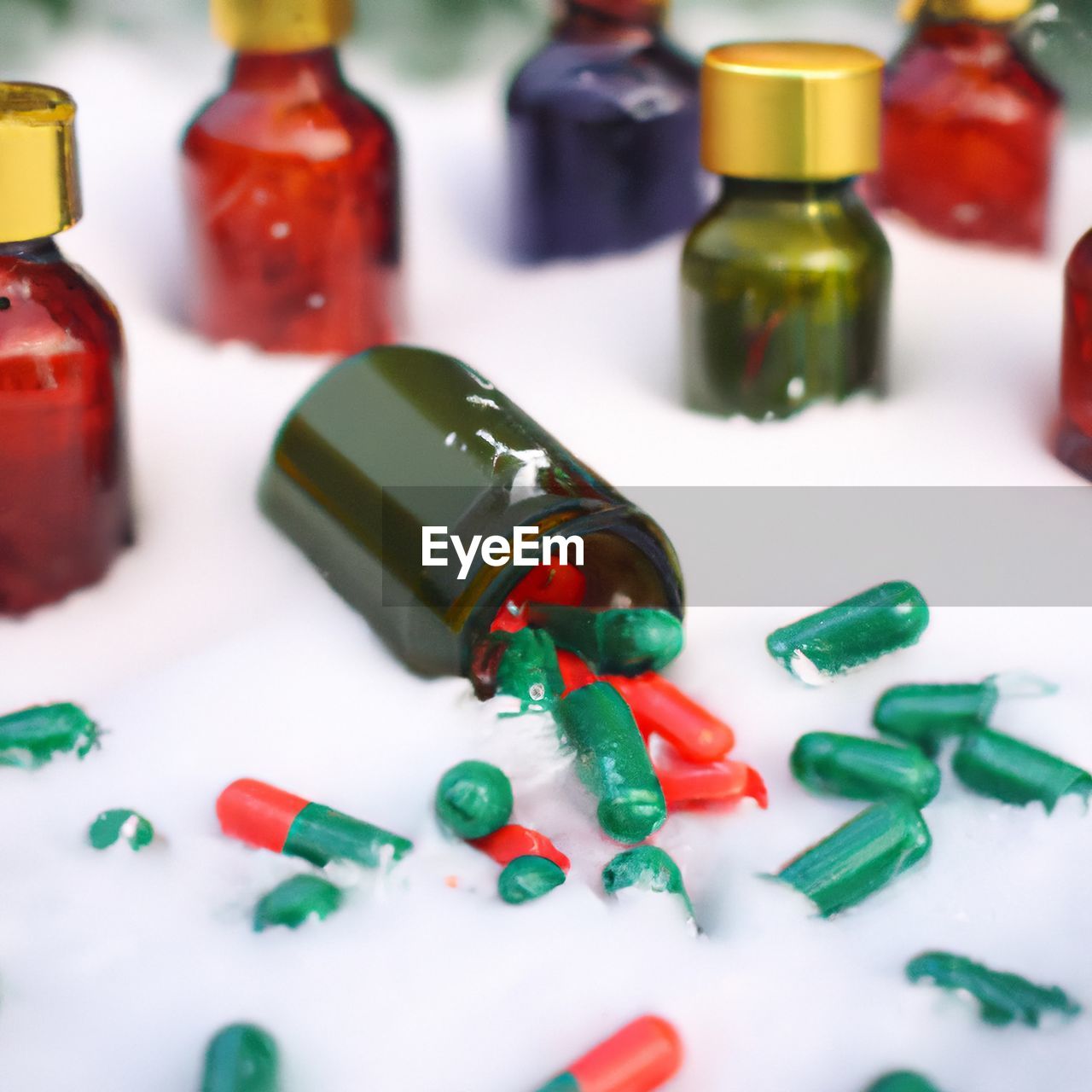 bottle, healthcare and medicine, medicine, container, pharmaceutical drug, red, pill, dose, capsule, drug, no people, green, multi colored, science, close-up, indoors