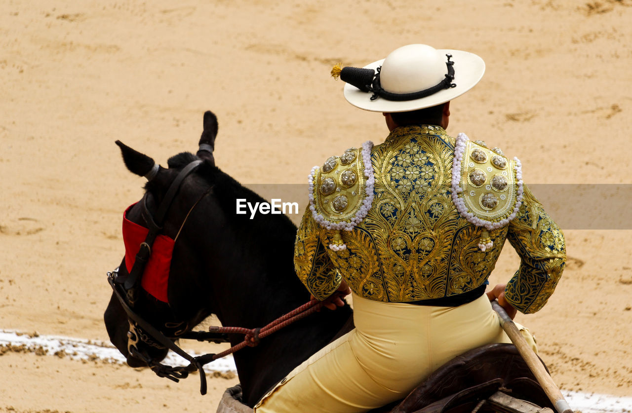 Rear view of person riding a horse 