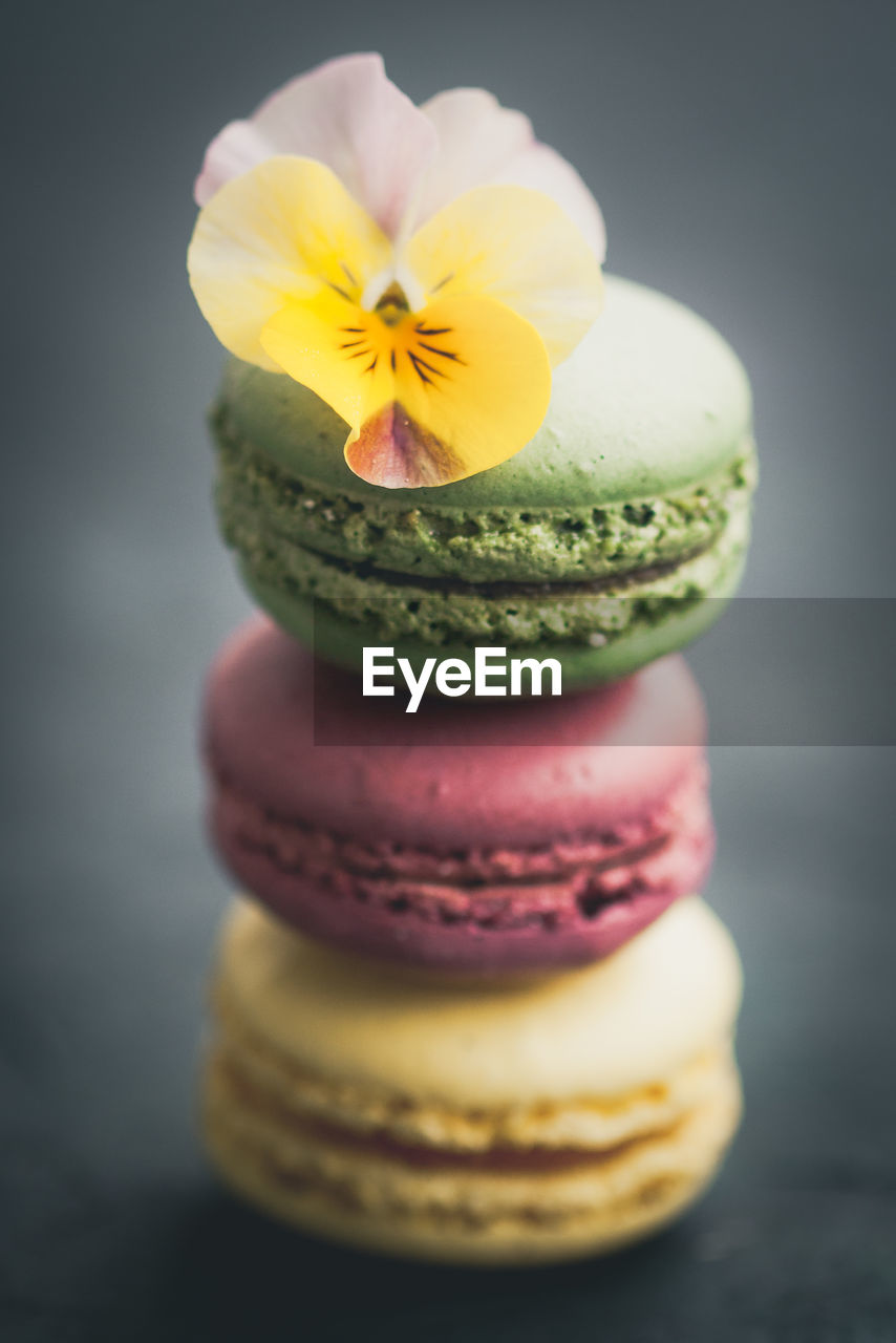 Pansy on top of stacked macaroons