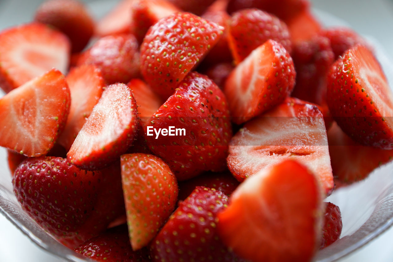 Close-up of chopped strawberries in bowl