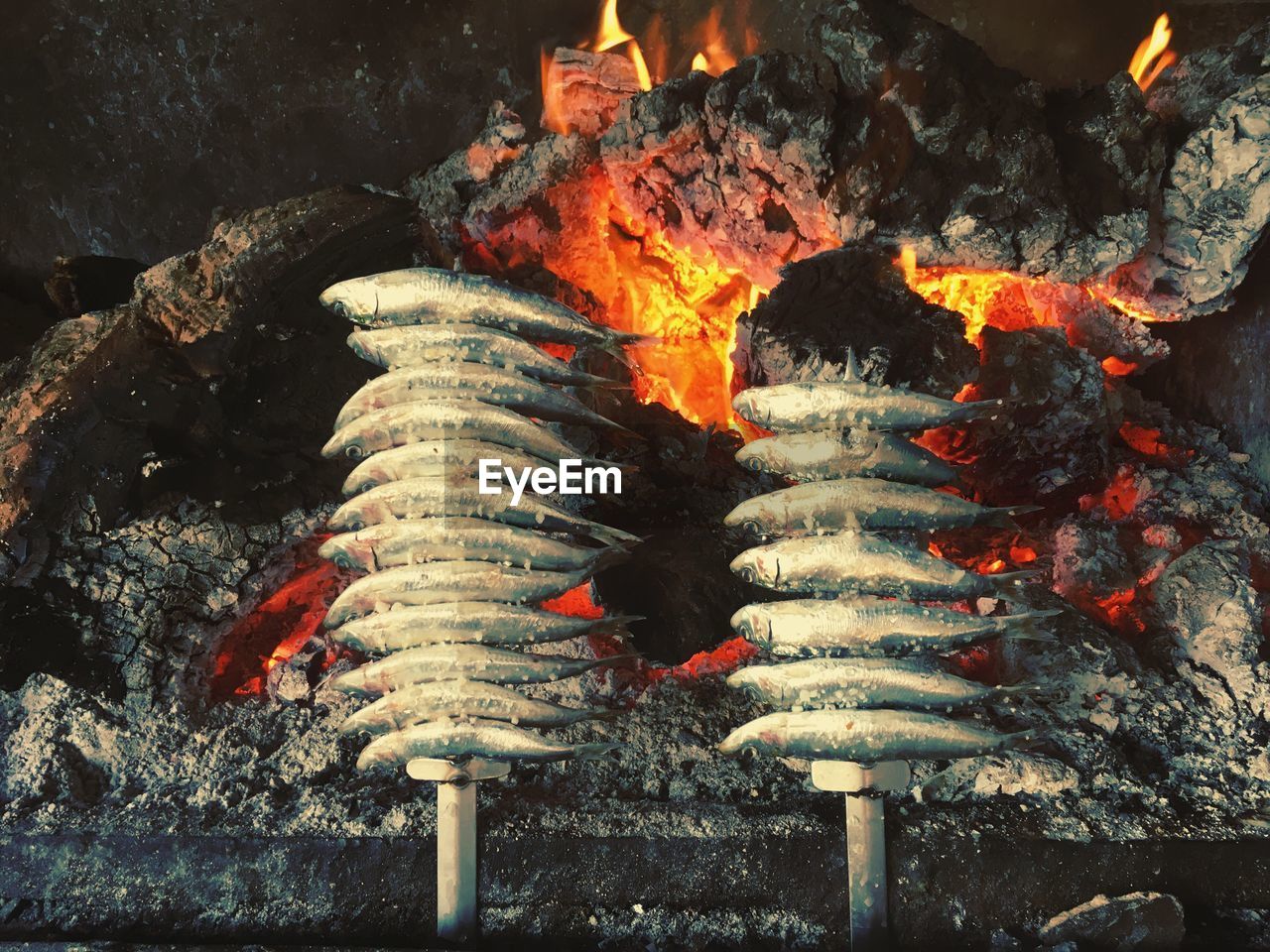 High angle view of seafood over campfire at night