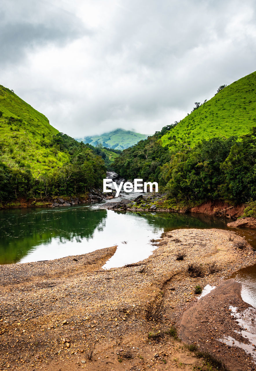 Mountain gap with river flowing and green forests