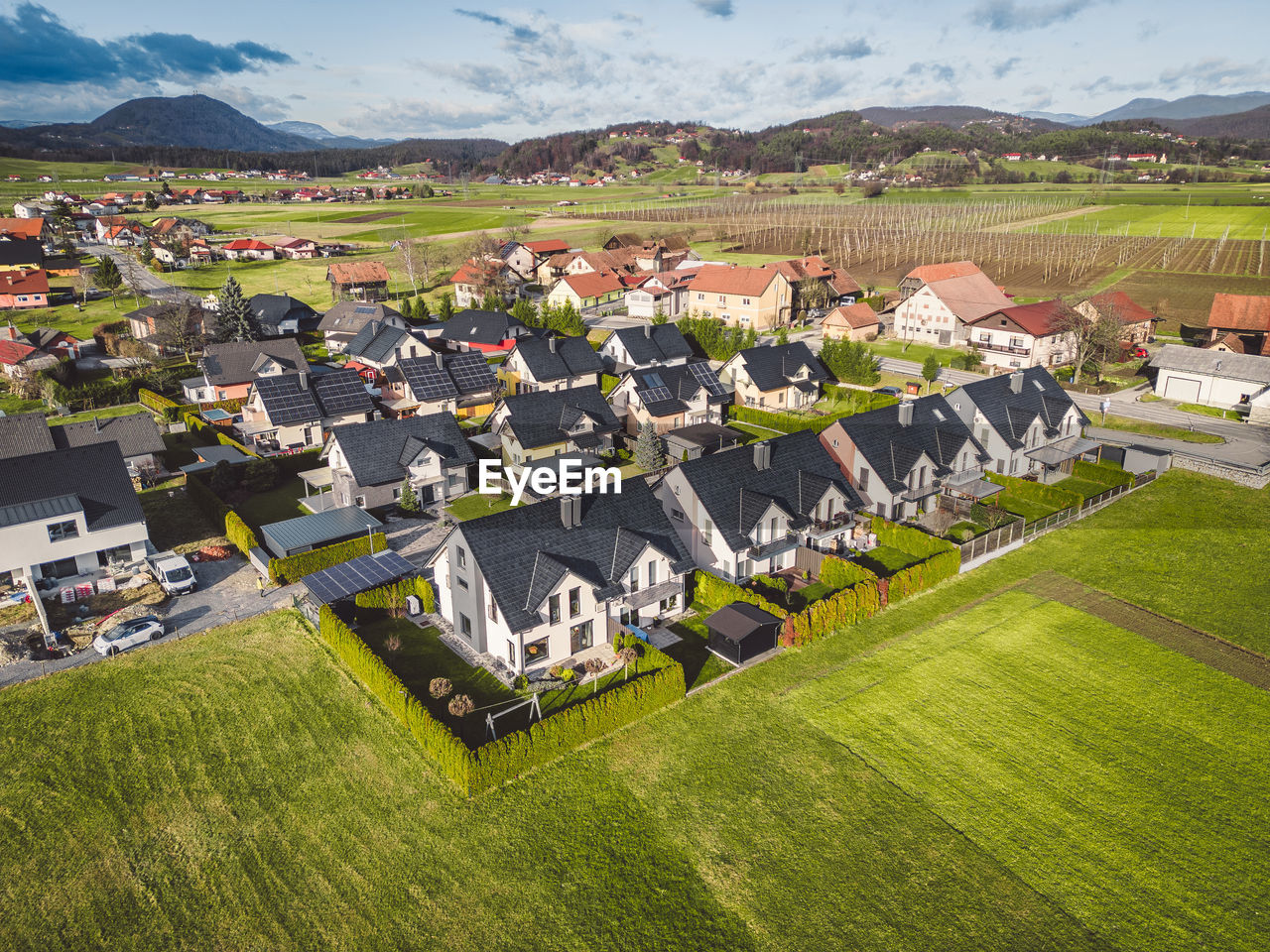 high angle view of buildings in farm