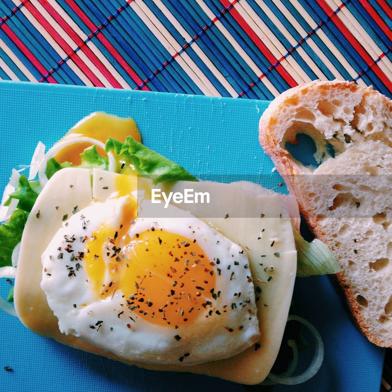 High angle view of fried egg and toast served in plate