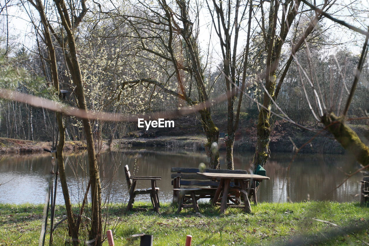 Table and chairs at lakeshore against trees