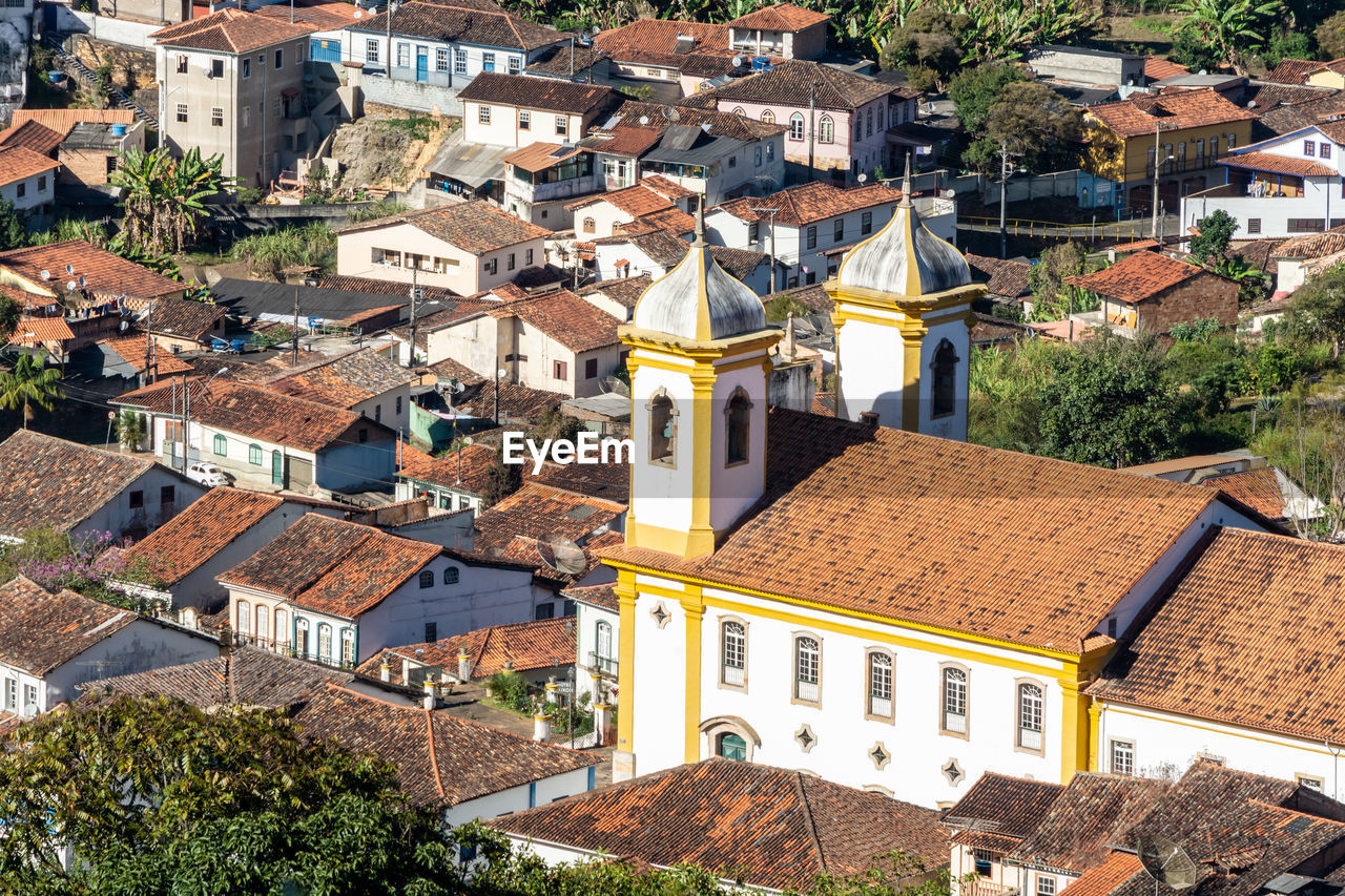 High angle view of buildings in town