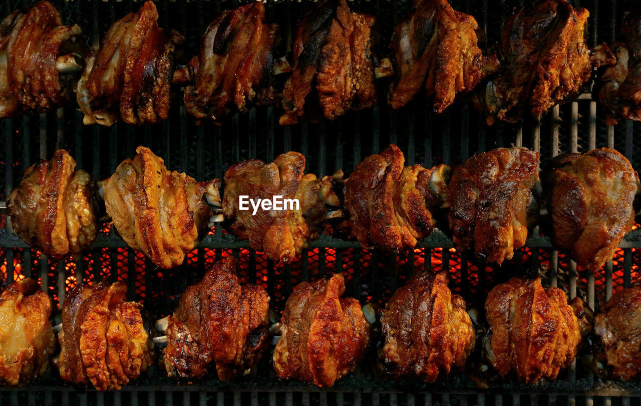 Full frame shot of meat on barbecue grill