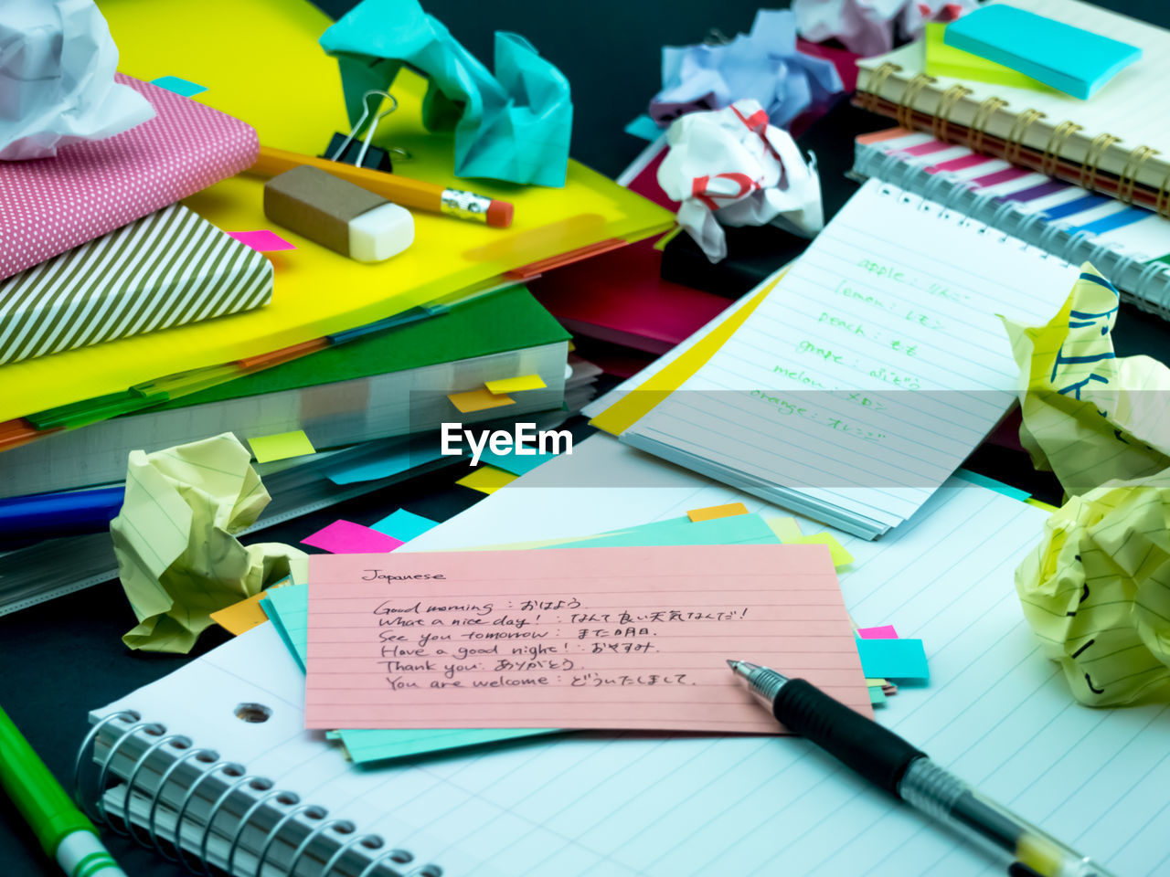 High angle view of text on paper amidst books on table