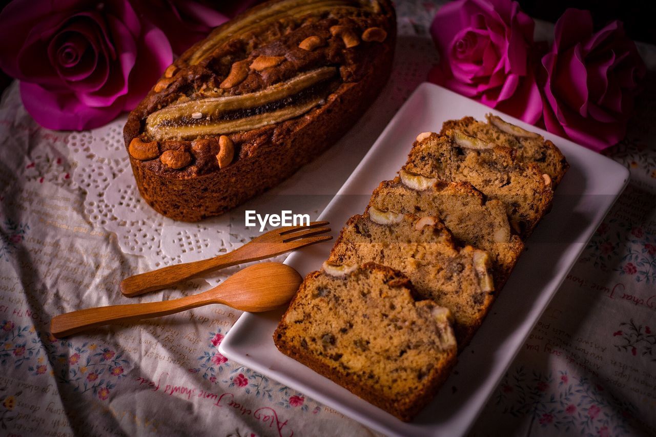 High angle view of fruitcake in plate on table