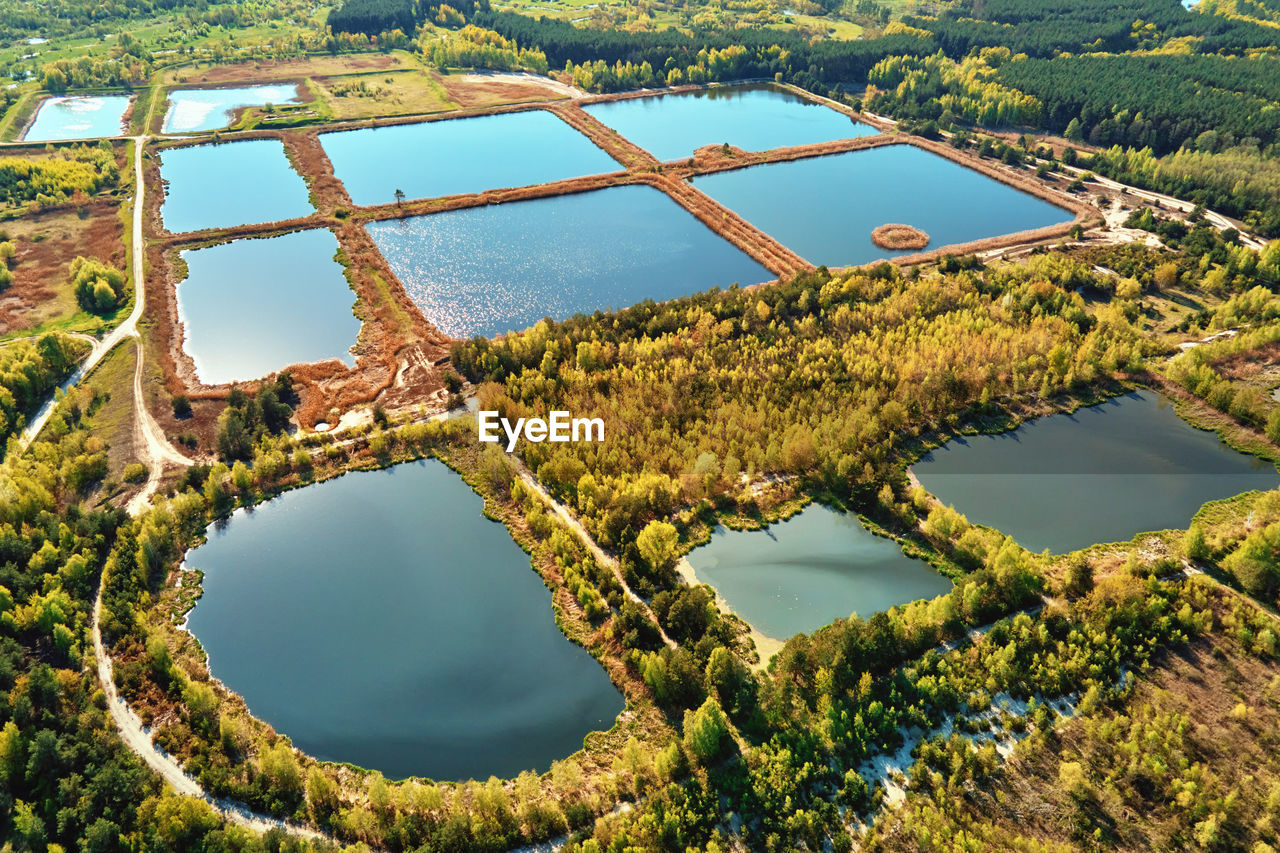 Aerial view of ponds for collect stormwater. rainwater retention basins, bird eye view