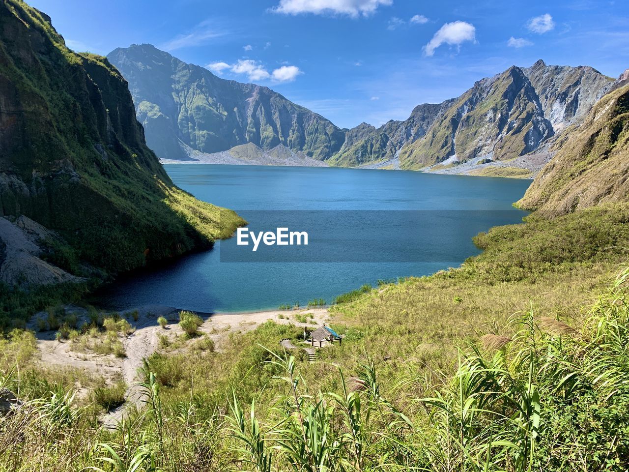 Scenic view of lake and mountains against sky