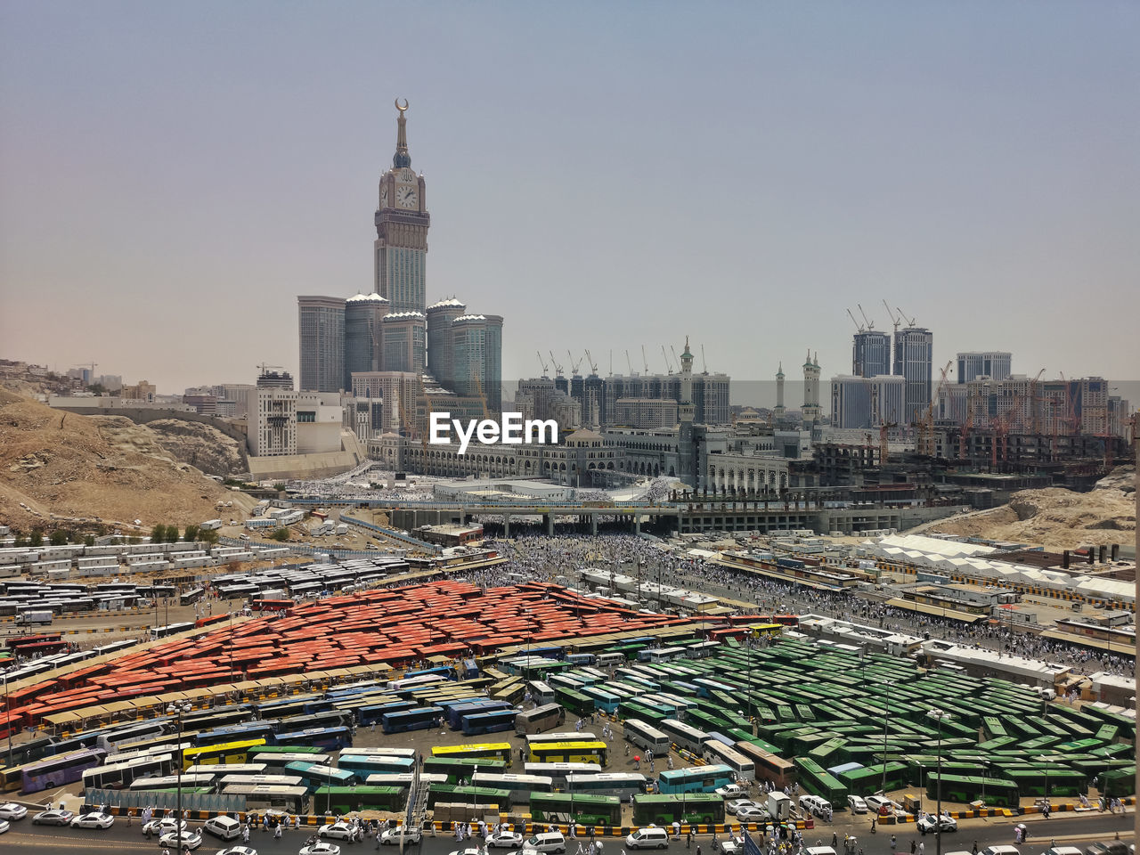 Aerial view of buildings in mecca city against clear sky