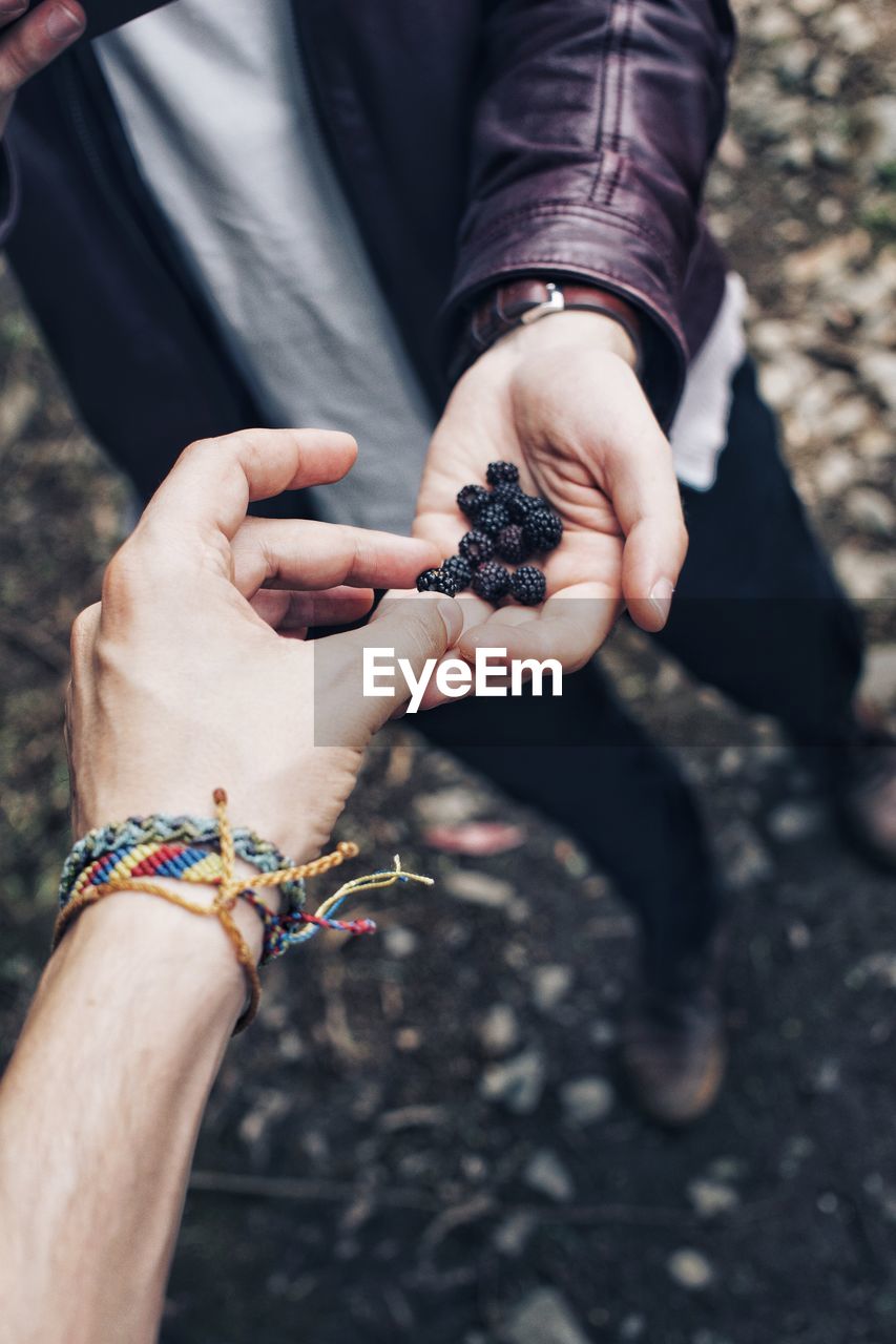 Cropped image of person picking fruit from hand