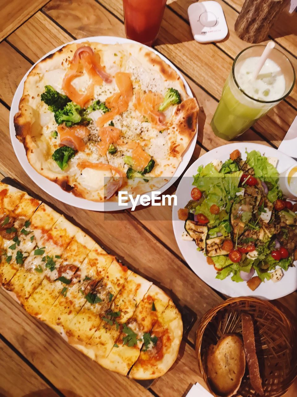 High angle view of food served on table