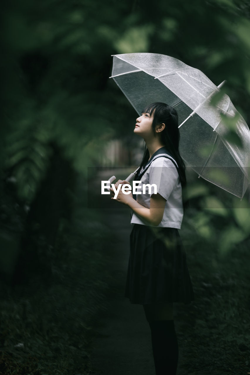 Side view of woman holding umbrella while standing in forest during rainy season