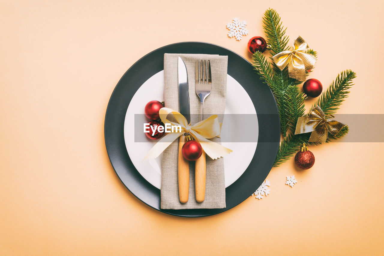 high angle view of food in plate on pink background