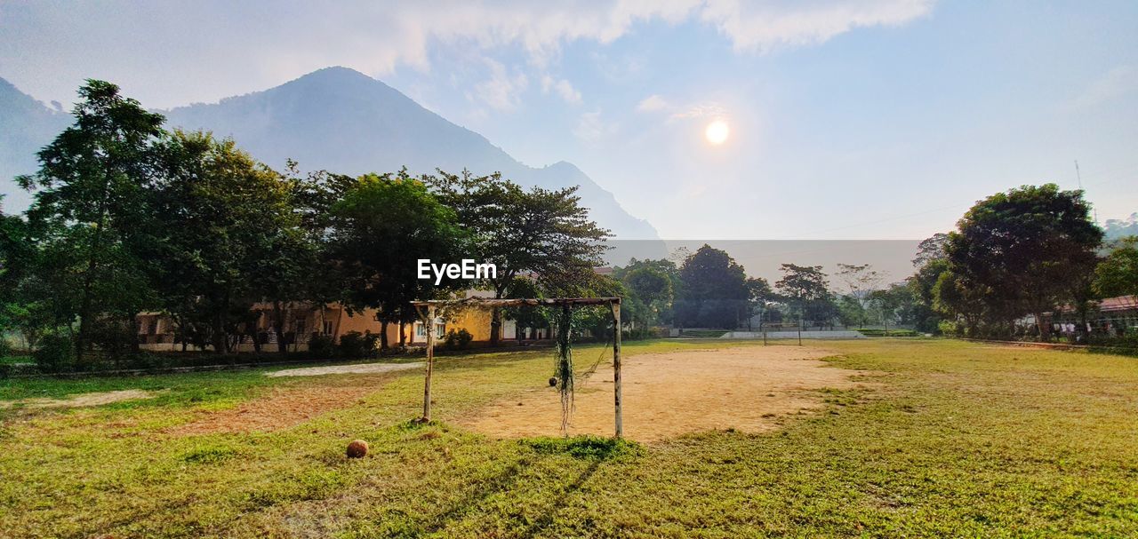 Trees on field against sky football pitch