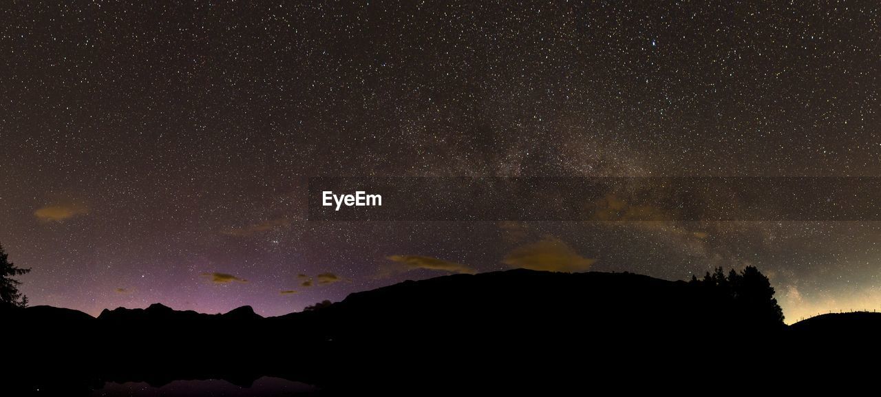 A panoramic view of the milky way over blea tarn in the english lake district.