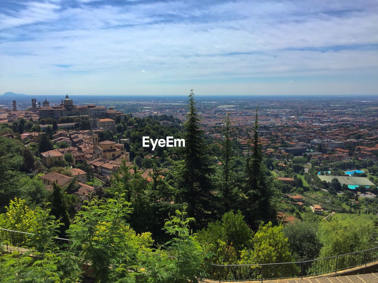 High angle view of trees on landscape against sky