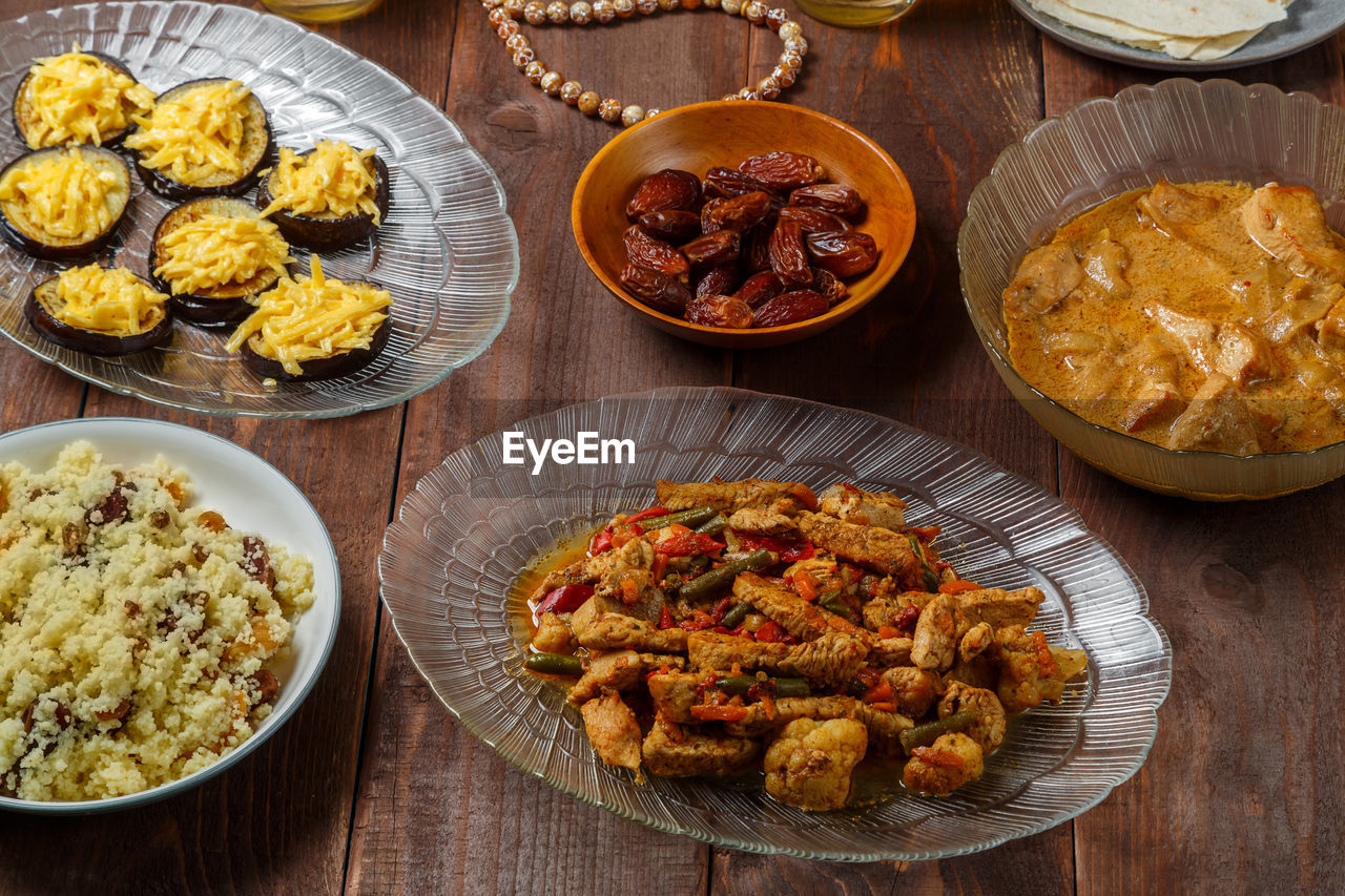 high angle view of food in bowls on table