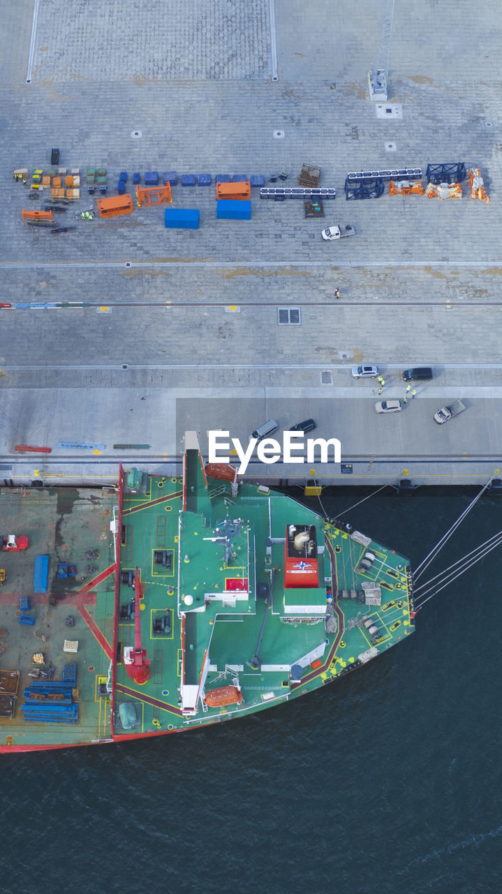 High angle view of ship with cranes