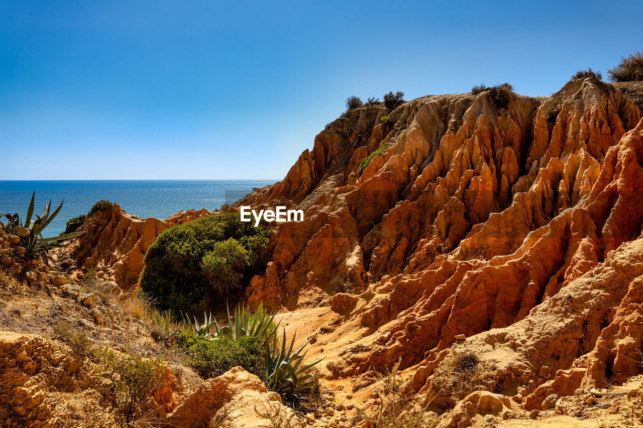 Scenic view of rocks in sea against clear sky