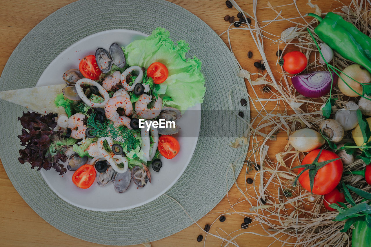 High angle view of fruit salad in plate on table