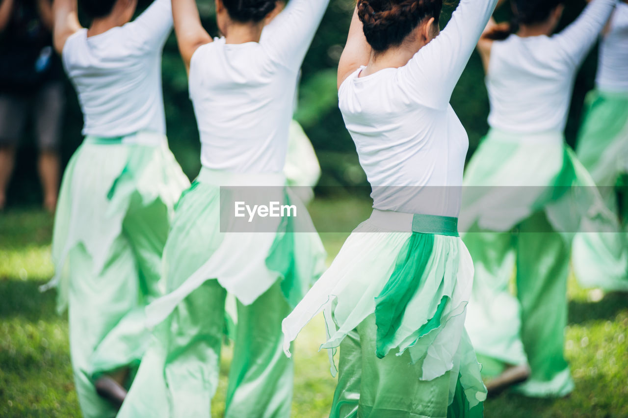 Rear view of dancers on field 