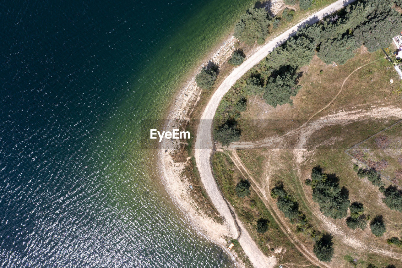 Stunning aerial panorama view of the lake coastline
