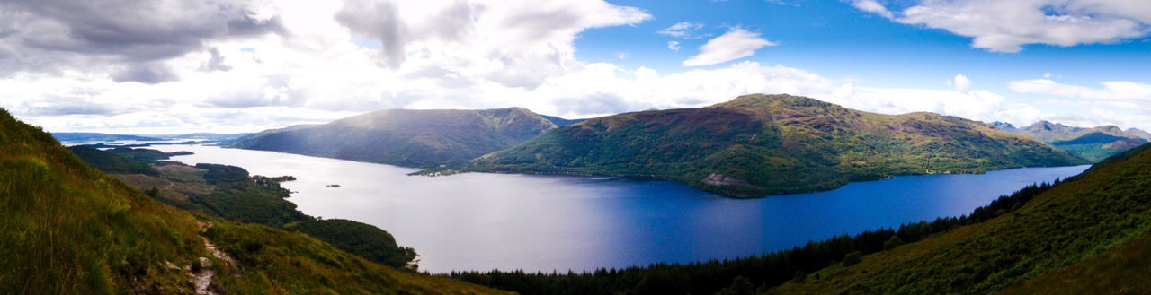 Panoramic view of lake and mountains against sky