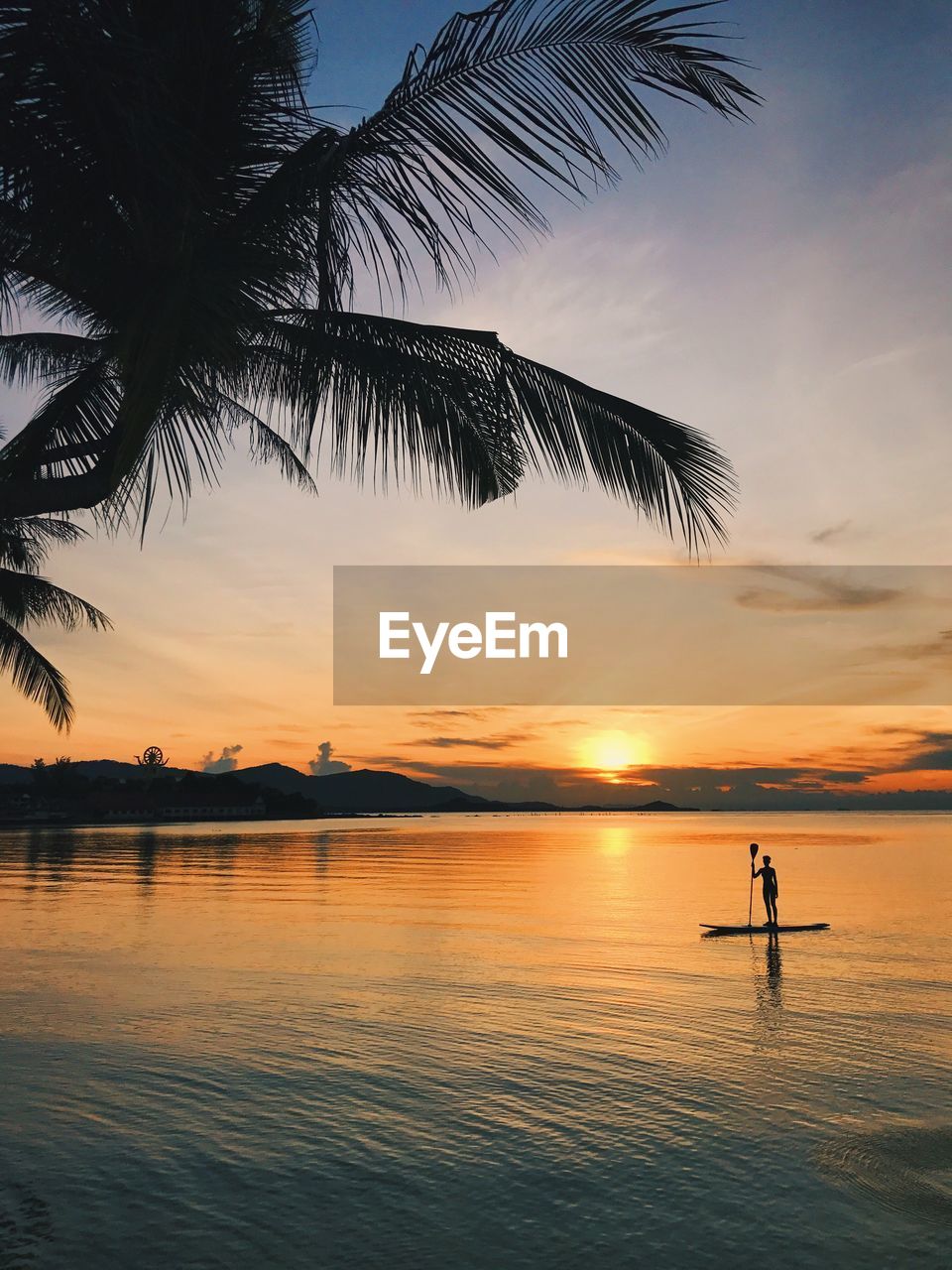 Silhouette man standing in sea against sky during sunset